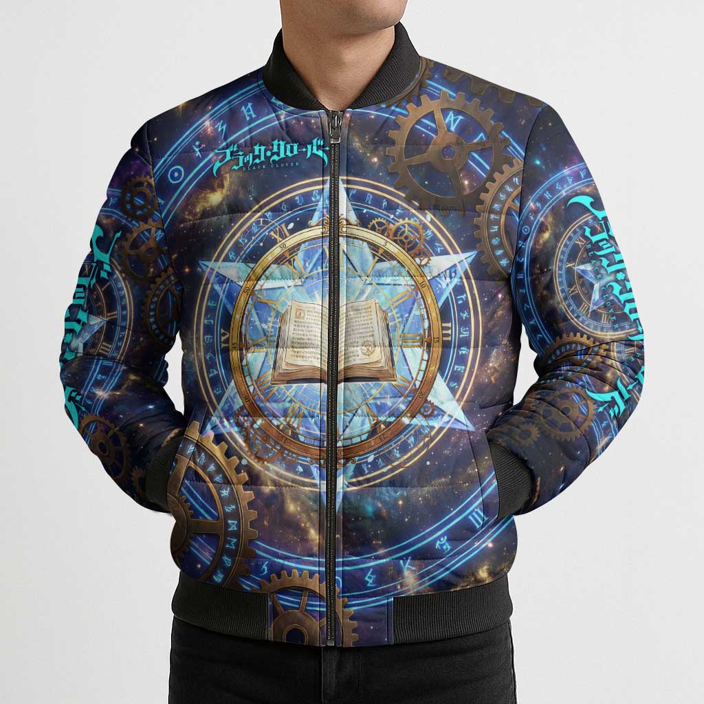 Julius Novachrono Black Clover Bomber Puffer Jacket Cosmic Time Magic Style with Celestial Clockwork Motif