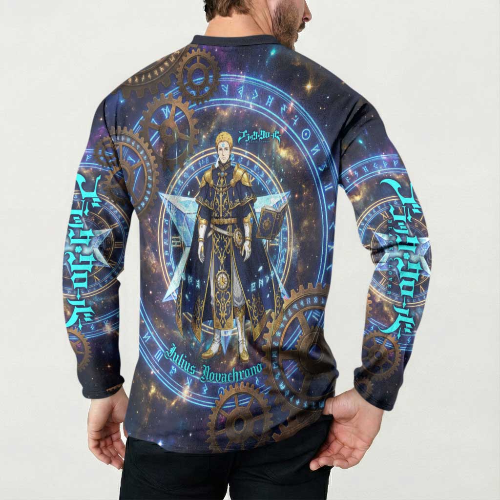 Julius Novachrono Black Clover Button Sweatshirt Cosmic Time Magic Style with Celestial Clockwork Motif