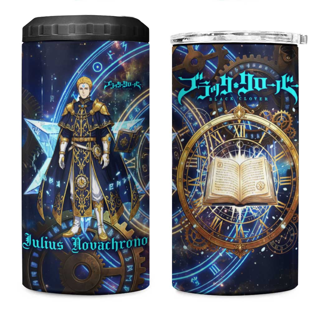 Julius Novachrono Black Clover 4 in 1 Can Cooler Tumbler Cosmic Time Magic Style with Celestial Clockwork Motif