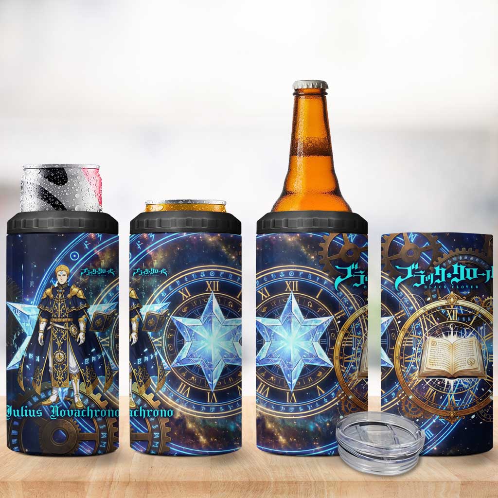 Julius Novachrono Black Clover 4 in 1 Can Cooler Tumbler Cosmic Time Magic Style with Celestial Clockwork Motif