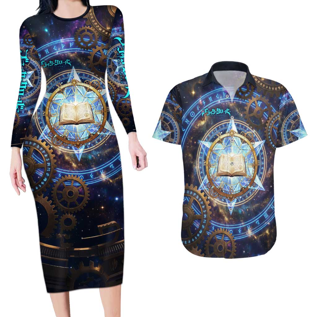 Julius Novachrono Black Clover Couples Matching Long Sleeve Bodycon Dress and Hawaiian Shirt Cosmic Time Magic Style with Celestial Clockwork Motif