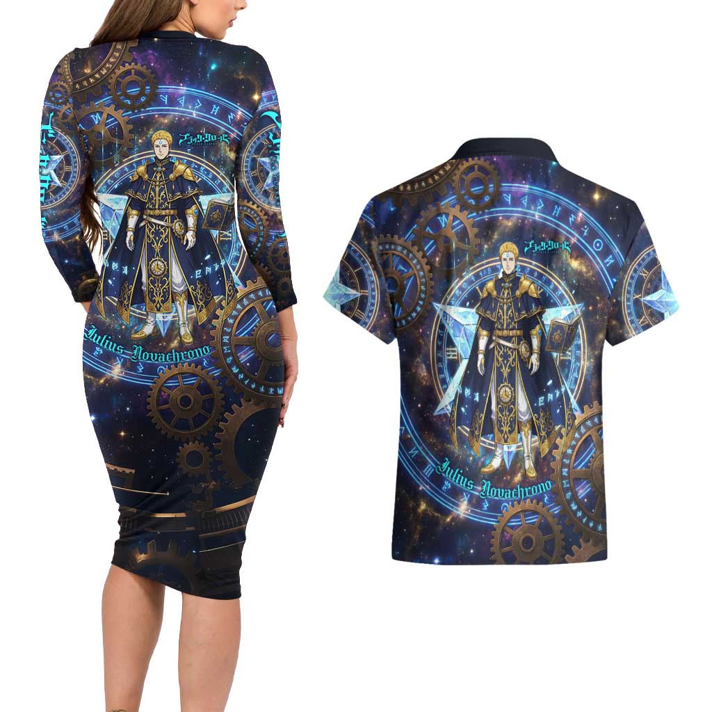 Julius Novachrono Black Clover Couples Matching Long Sleeve Bodycon Dress and Hawaiian Shirt Cosmic Time Magic Style with Celestial Clockwork Motif