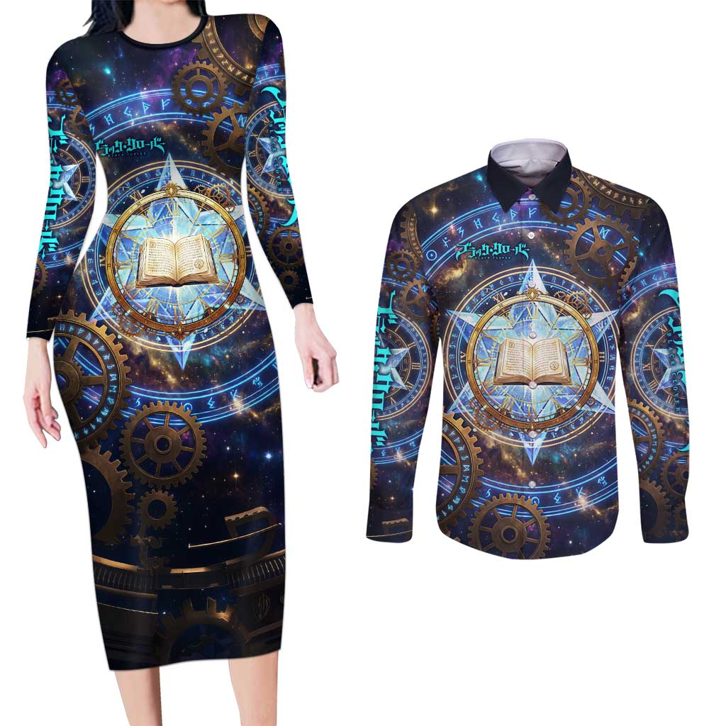 Julius Novachrono Black Clover Couples Matching Long Sleeve Bodycon Dress and Long Sleeve Button Shirt Cosmic Time Magic Style with Celestial Clockwork Motif