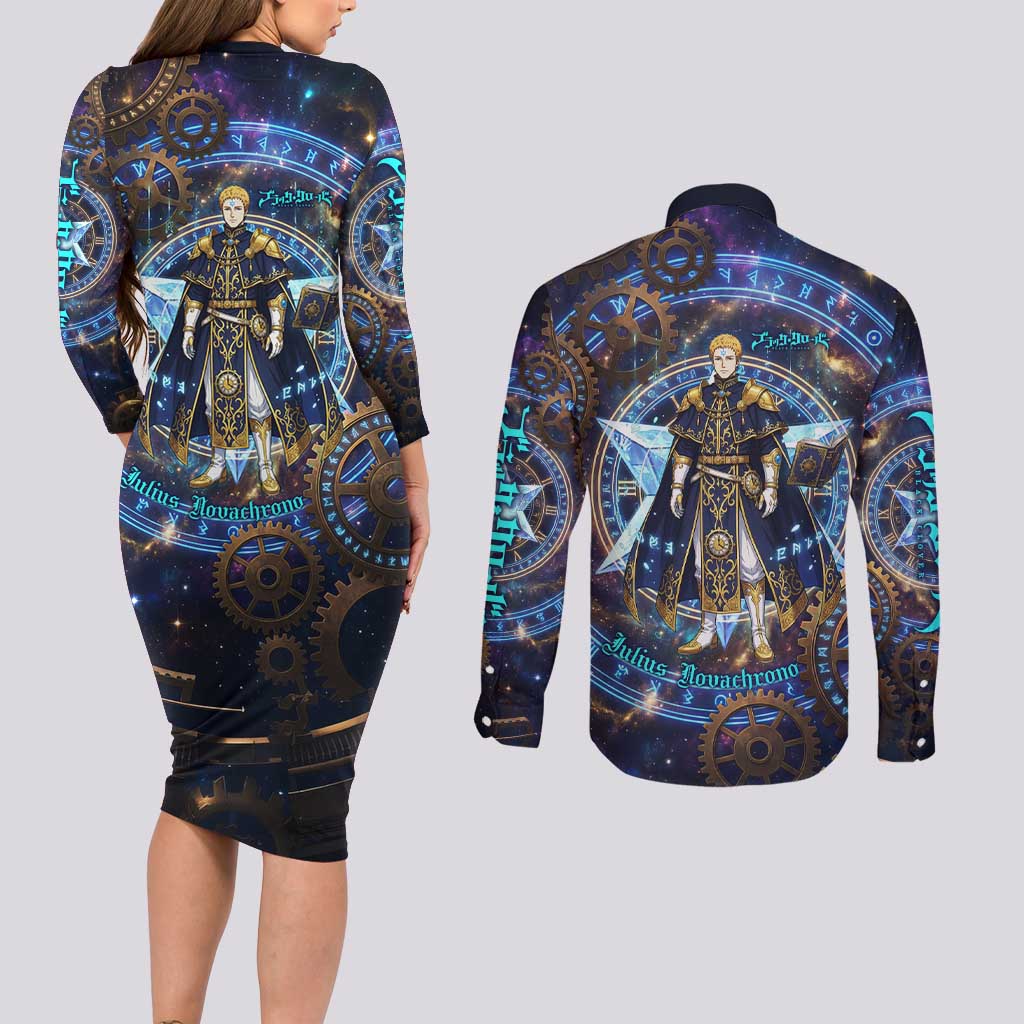Julius Novachrono Black Clover Couples Matching Long Sleeve Bodycon Dress and Long Sleeve Button Shirt Cosmic Time Magic Style with Celestial Clockwork Motif