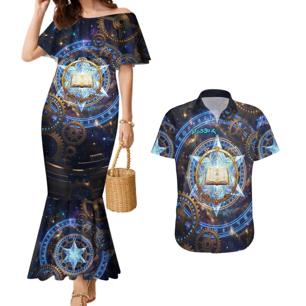 Julius Novachrono Black Clover Couples Matching Mermaid Dress and Hawaiian Shirt Cosmic Time Magic Style with Celestial Clockwork Motif