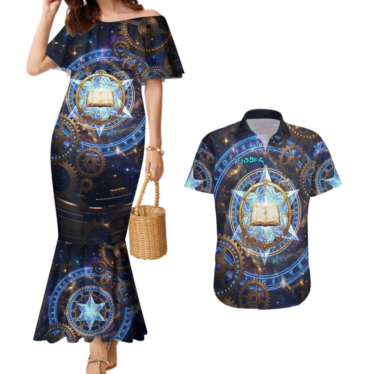 Julius Novachrono Black Clover Couples Matching Mermaid Dress and Hawaiian Shirt Cosmic Time Magic Style with Celestial Clockwork Motif