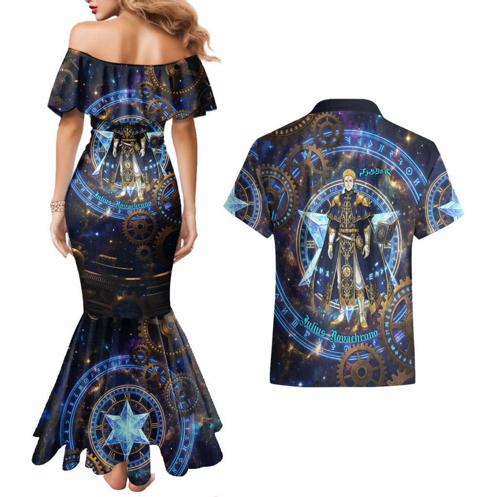 Julius Novachrono Black Clover Couples Matching Mermaid Dress and Hawaiian Shirt Cosmic Time Magic Style with Celestial Clockwork Motif