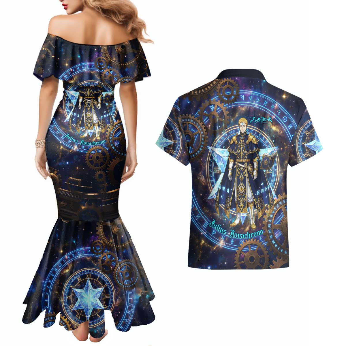 Julius Novachrono Black Clover Couples Matching Mermaid Dress and Hawaiian Shirt Cosmic Time Magic Style with Celestial Clockwork Motif