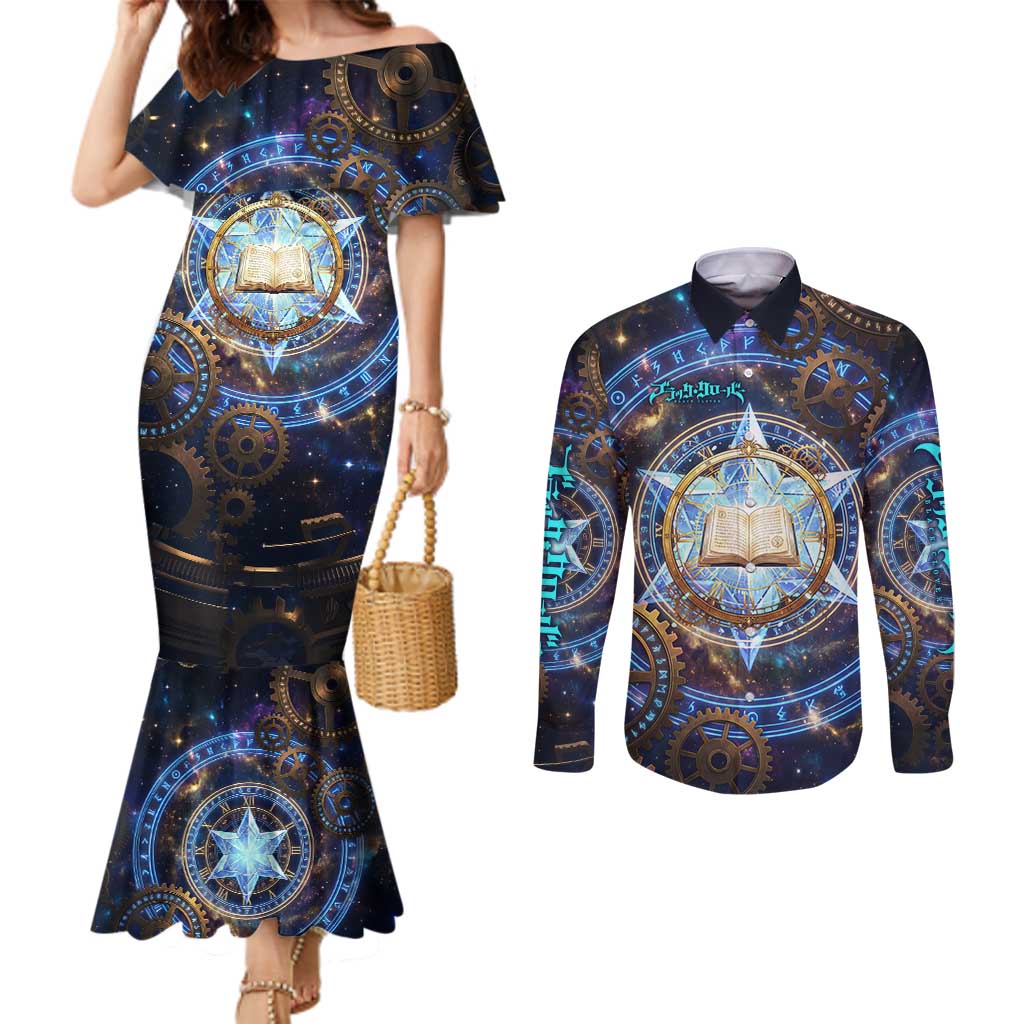 Julius Novachrono Black Clover Couples Matching Mermaid Dress and Long Sleeve Button Shirt Cosmic Time Magic Style with Celestial Clockwork Motif