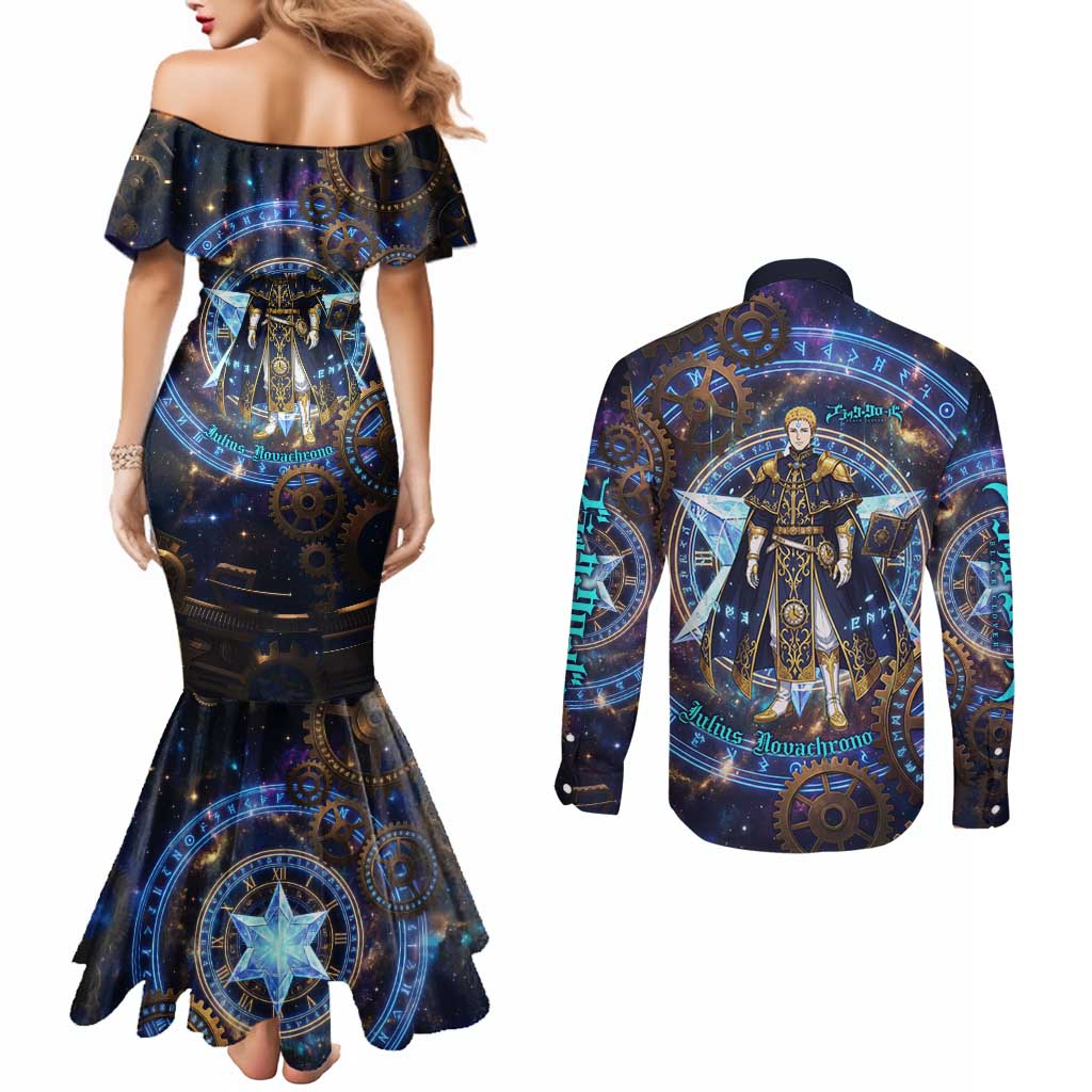 Julius Novachrono Black Clover Couples Matching Mermaid Dress and Long Sleeve Button Shirt Cosmic Time Magic Style with Celestial Clockwork Motif