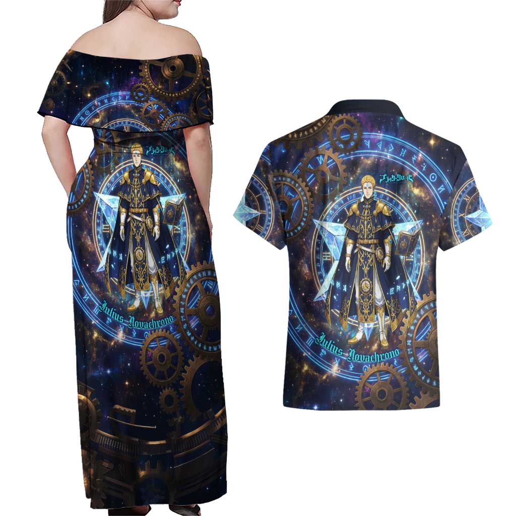 Julius Novachrono Black Clover Couples Matching Off Shoulder Maxi Dress and Hawaiian Shirt Cosmic Time Magic Style with Celestial Clockwork Motif