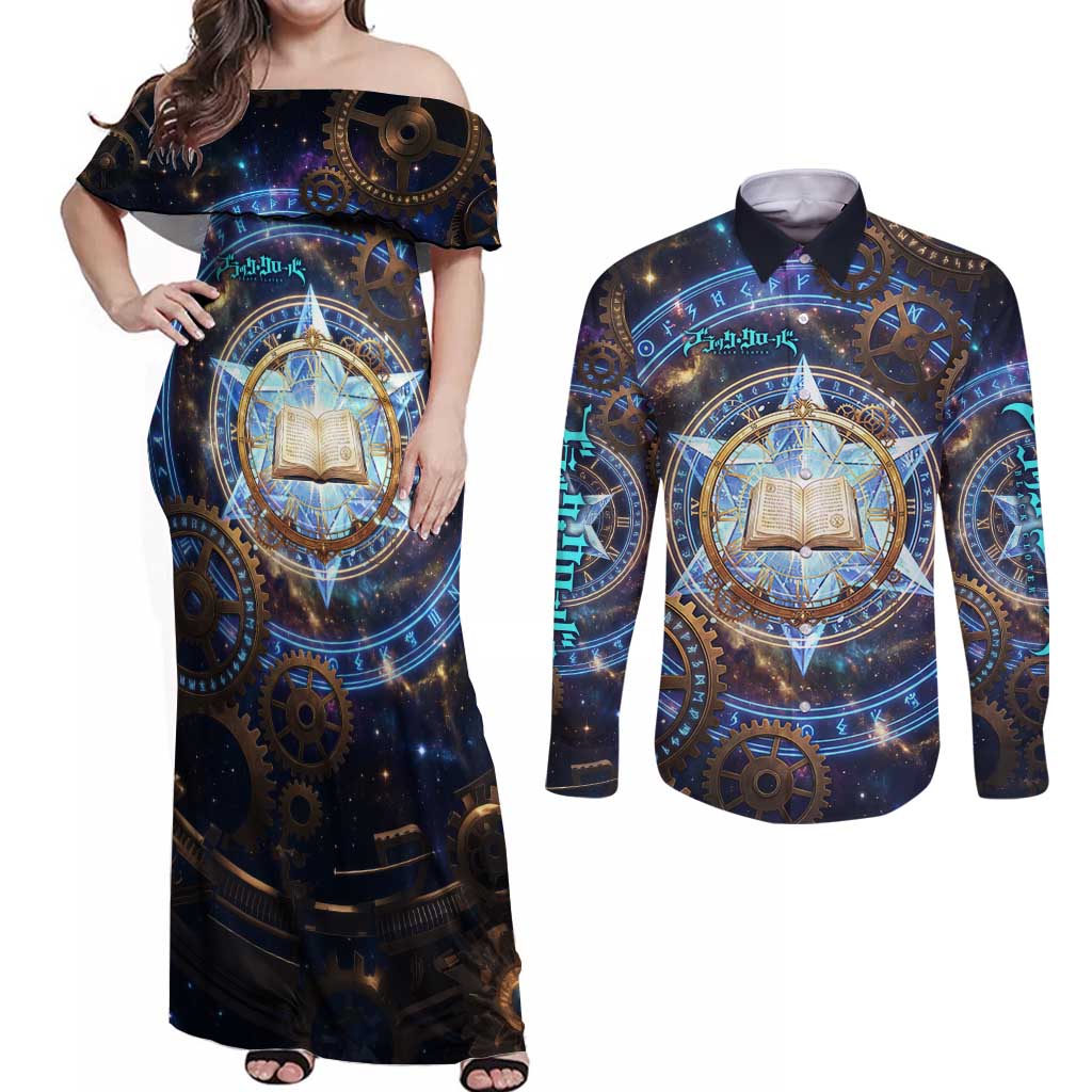 Julius Novachrono Black Clover Couples Matching Off Shoulder Maxi Dress and Long Sleeve Button Shirt Cosmic Time Magic Style with Celestial Clockwork Motif