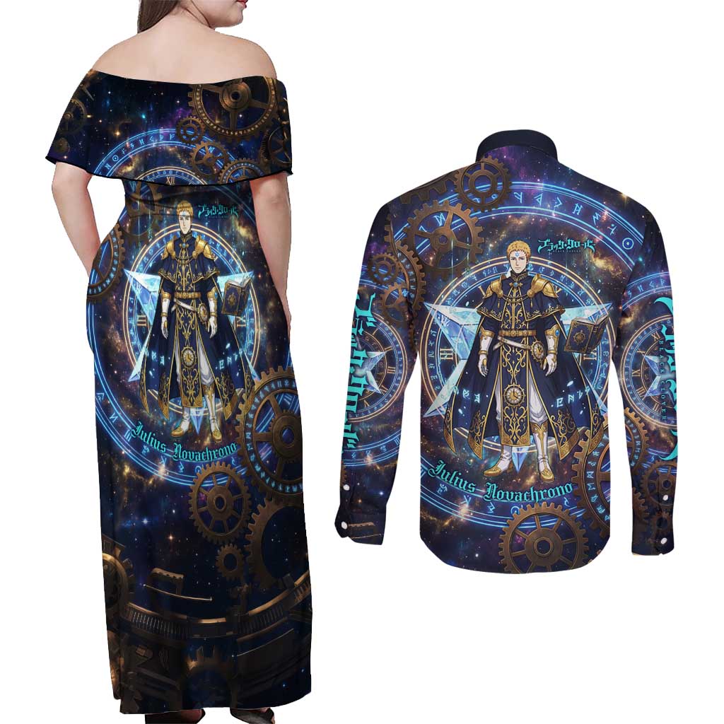 Julius Novachrono Black Clover Couples Matching Off Shoulder Maxi Dress and Long Sleeve Button Shirt Cosmic Time Magic Style with Celestial Clockwork Motif