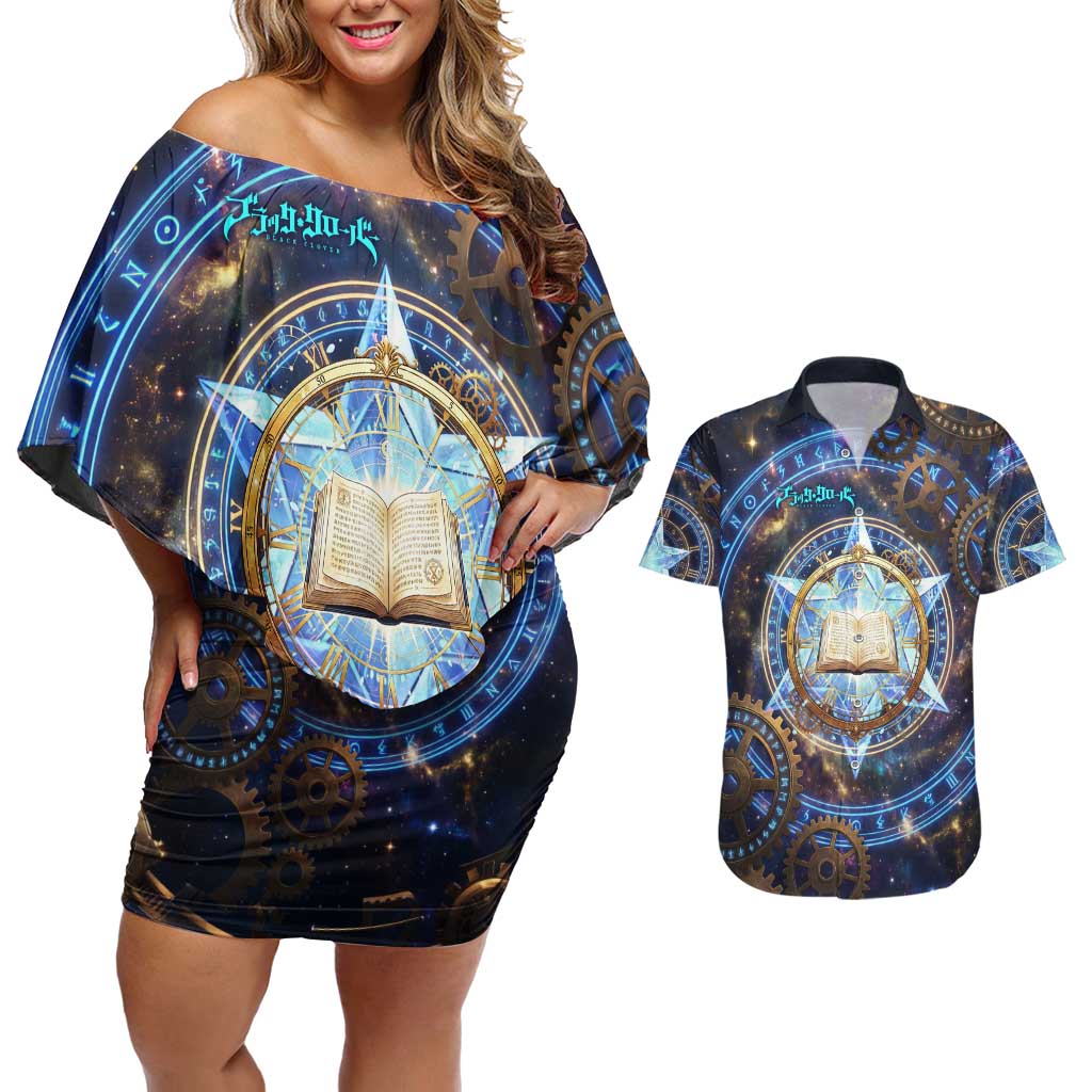 Julius Novachrono Black Clover Couples Matching Off Shoulder Short Dress and Hawaiian Shirt Cosmic Time Magic Style with Celestial Clockwork Motif