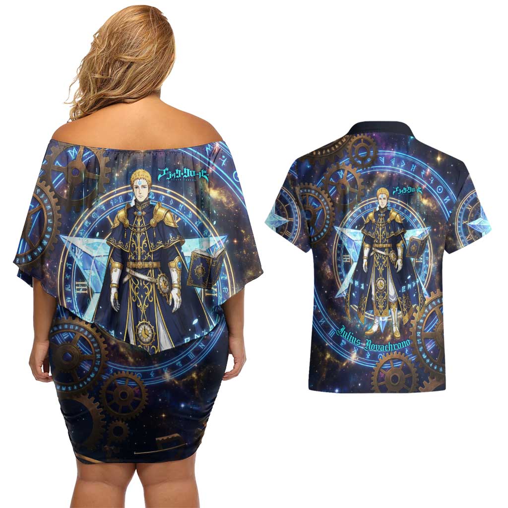 Julius Novachrono Black Clover Couples Matching Off Shoulder Short Dress and Hawaiian Shirt Cosmic Time Magic Style with Celestial Clockwork Motif