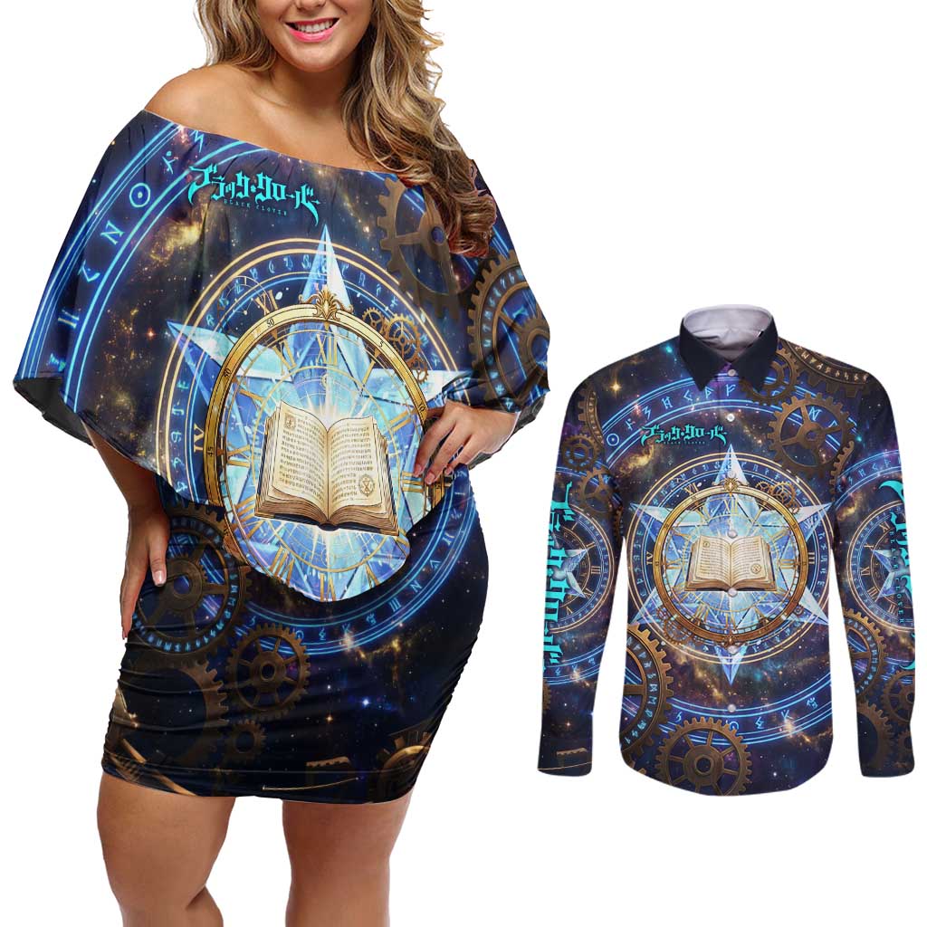 Julius Novachrono Black Clover Couples Matching Off Shoulder Short Dress and Long Sleeve Button Shirt Cosmic Time Magic Style with Celestial Clockwork Motif
