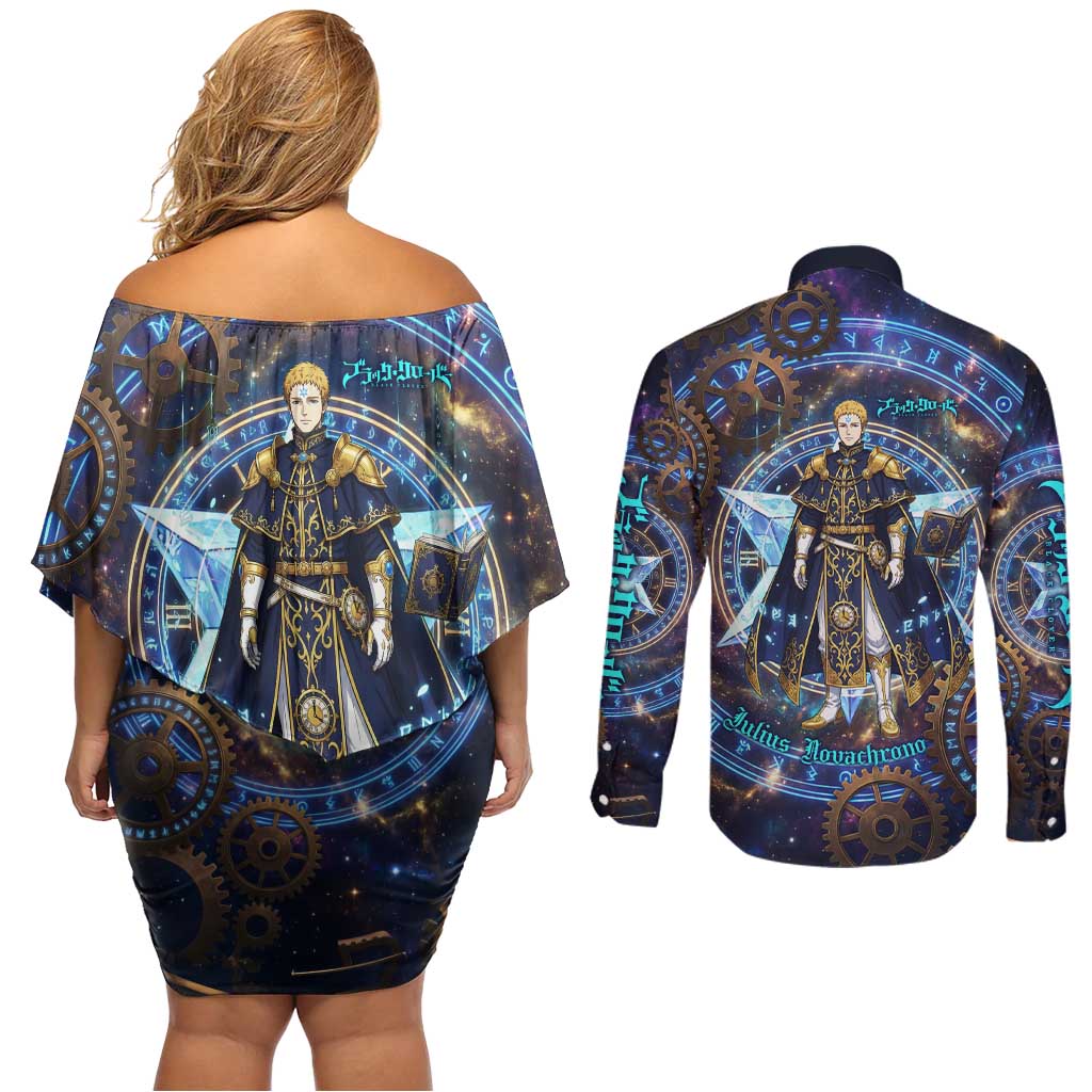 Julius Novachrono Black Clover Couples Matching Off Shoulder Short Dress and Long Sleeve Button Shirt Cosmic Time Magic Style with Celestial Clockwork Motif