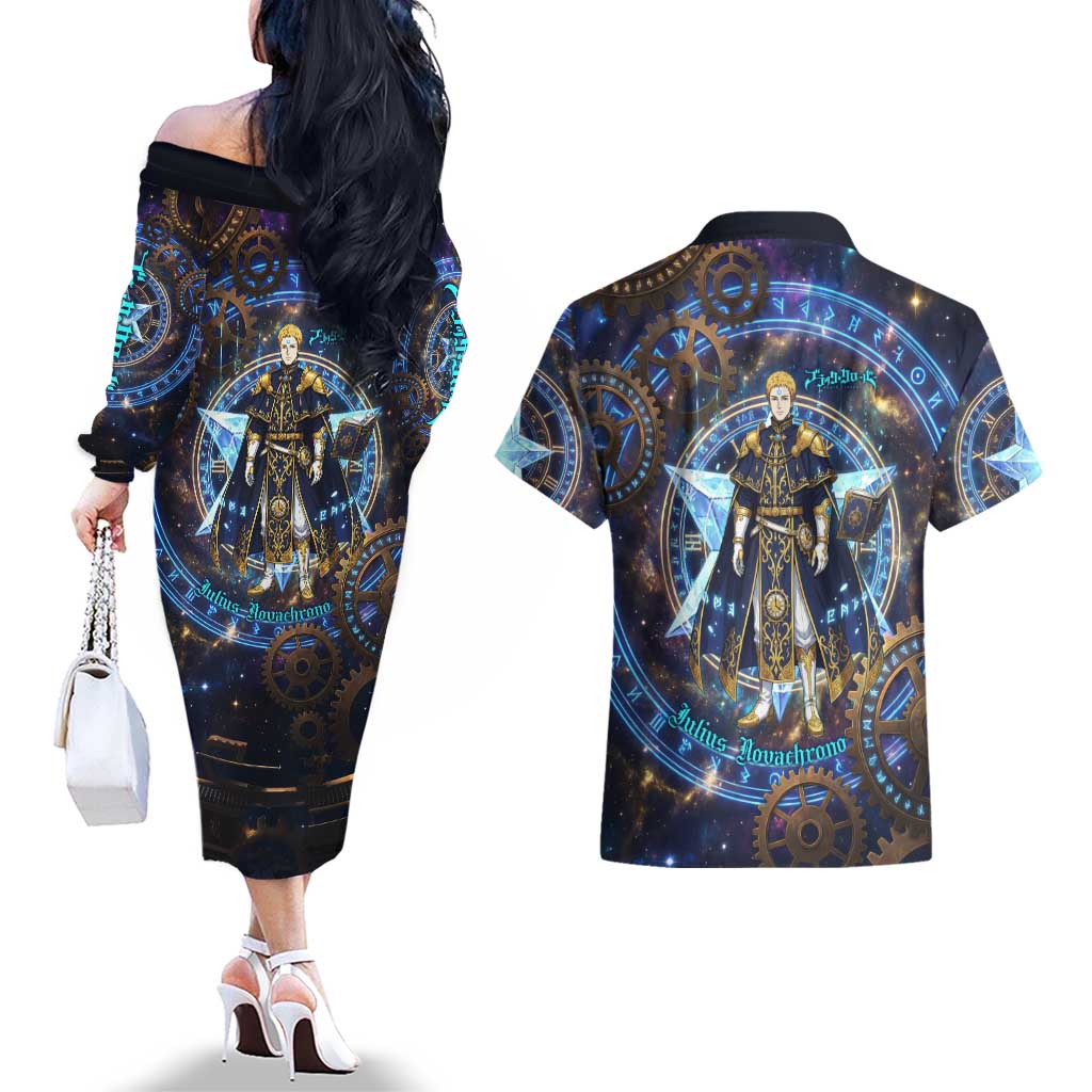 Julius Novachrono Black Clover Couples Matching Off The Shoulder Long Sleeve Dress and Hawaiian Shirt Cosmic Time Magic Style with Celestial Clockwork Motif