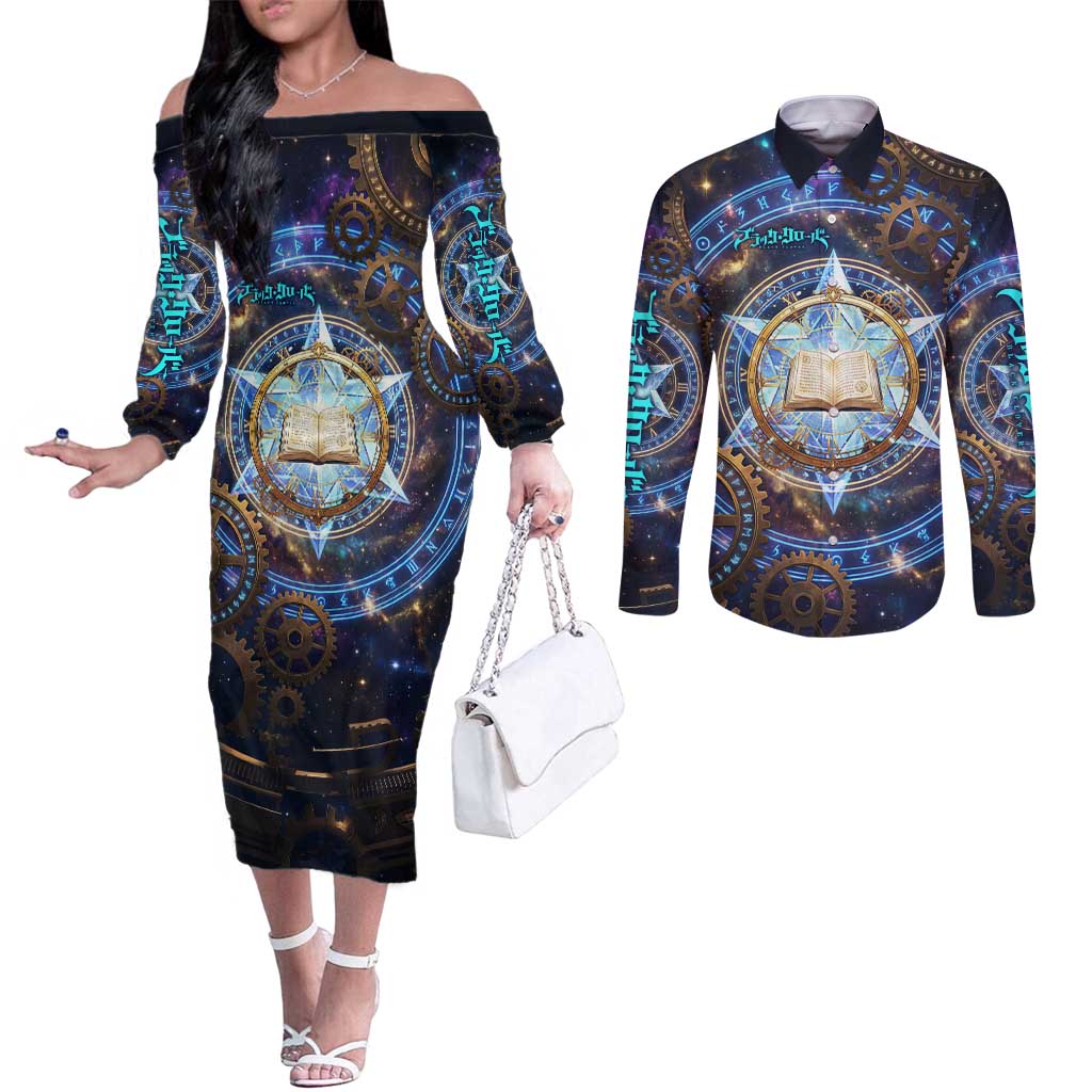 Julius Novachrono Black Clover Couples Matching Off The Shoulder Long Sleeve Dress and Long Sleeve Button Shirt Cosmic Time Magic Style with Celestial Clockwork Motif