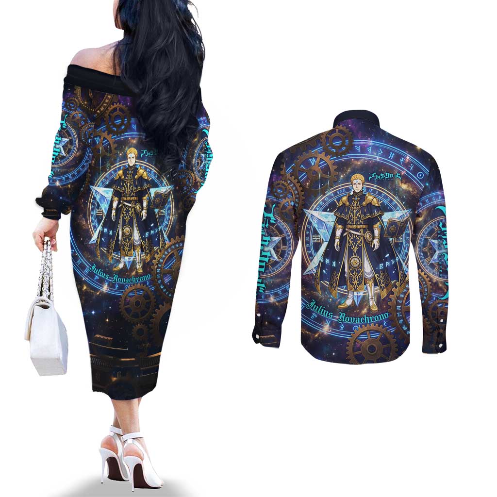 Julius Novachrono Black Clover Couples Matching Off The Shoulder Long Sleeve Dress and Long Sleeve Button Shirt Cosmic Time Magic Style with Celestial Clockwork Motif