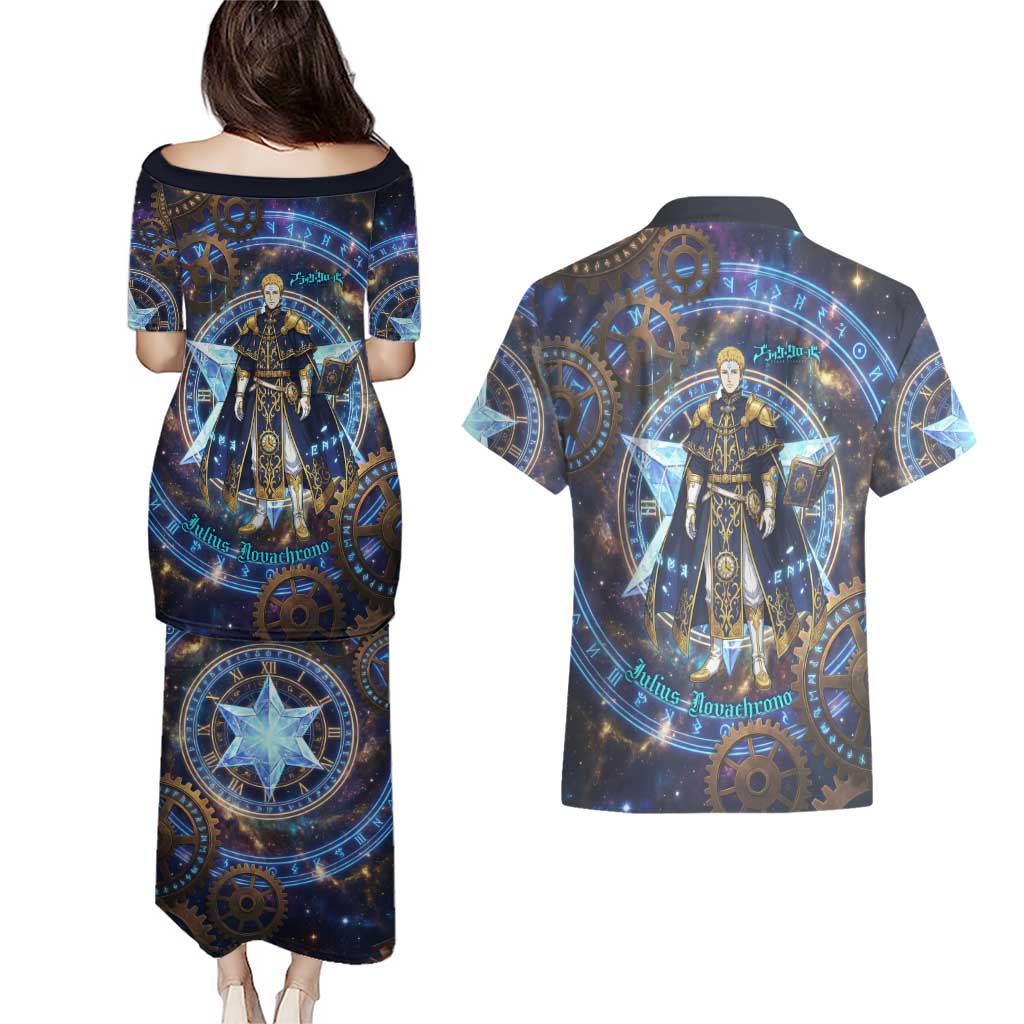 Julius Novachrono Black Clover Couples Matching Puletasi and Hawaiian Shirt Cosmic Time Magic Style with Celestial Clockwork Motif