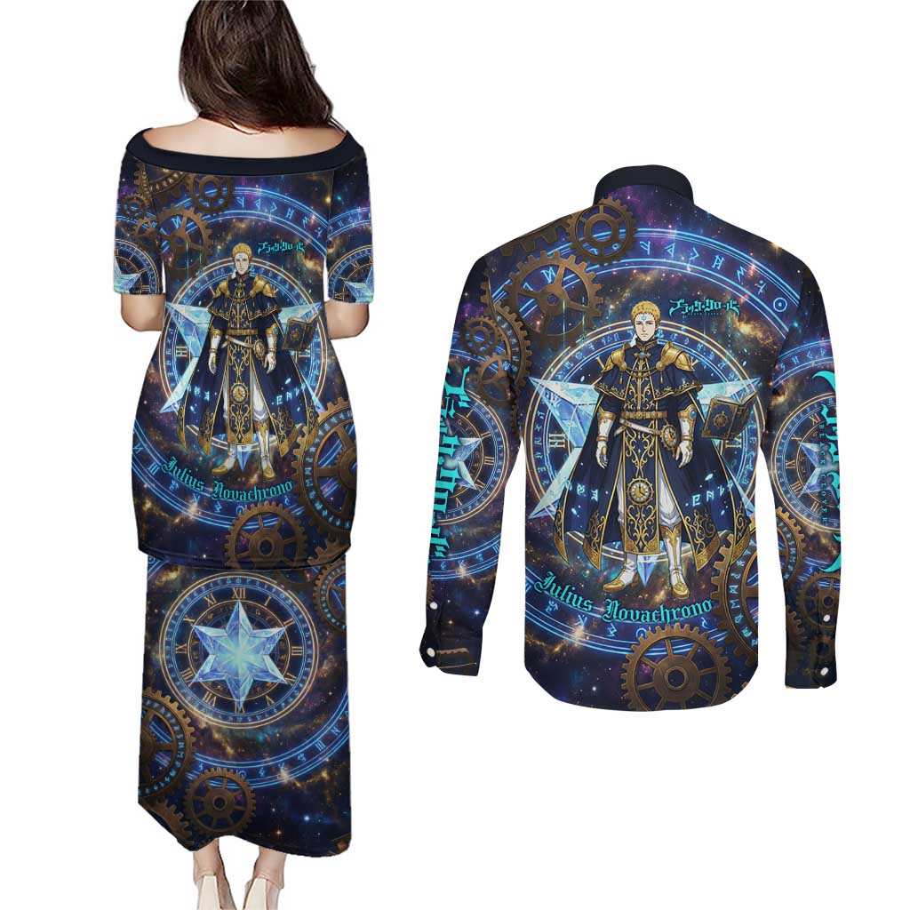 Julius Novachrono Black Clover Couples Matching Puletasi and Long Sleeve Button Shirt Cosmic Time Magic Style with Celestial Clockwork Motif