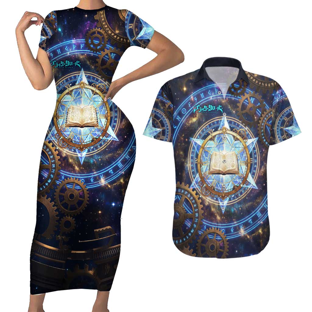 Julius Novachrono Black Clover Couples Matching Short Sleeve Bodycon Dress and Hawaiian Shirt Cosmic Time Magic Style with Celestial Clockwork Motif