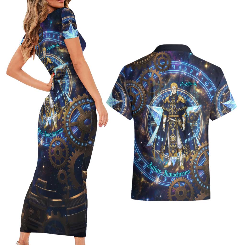 Julius Novachrono Black Clover Couples Matching Short Sleeve Bodycon Dress and Hawaiian Shirt Cosmic Time Magic Style with Celestial Clockwork Motif