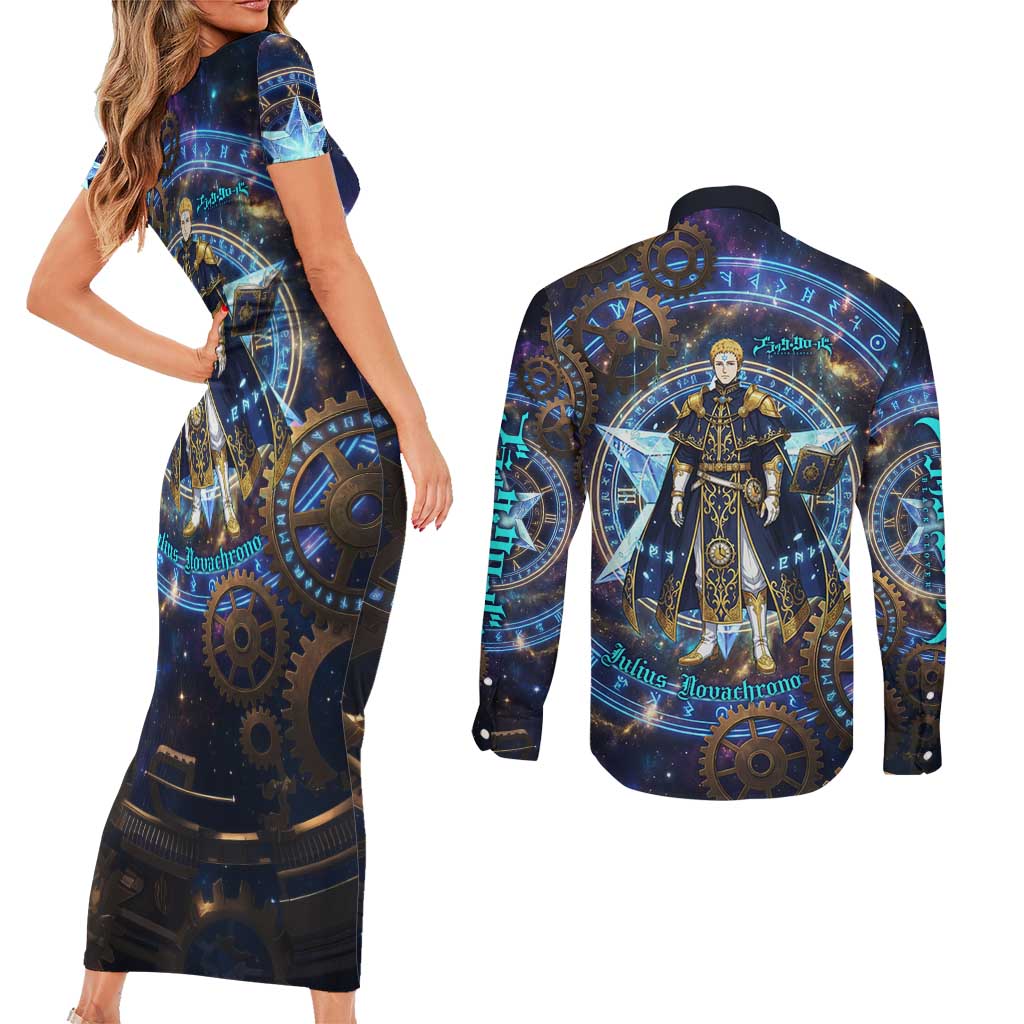 Julius Novachrono Black Clover Couples Matching Short Sleeve Bodycon Dress and Long Sleeve Button Shirt Cosmic Time Magic Style with Celestial Clockwork Motif