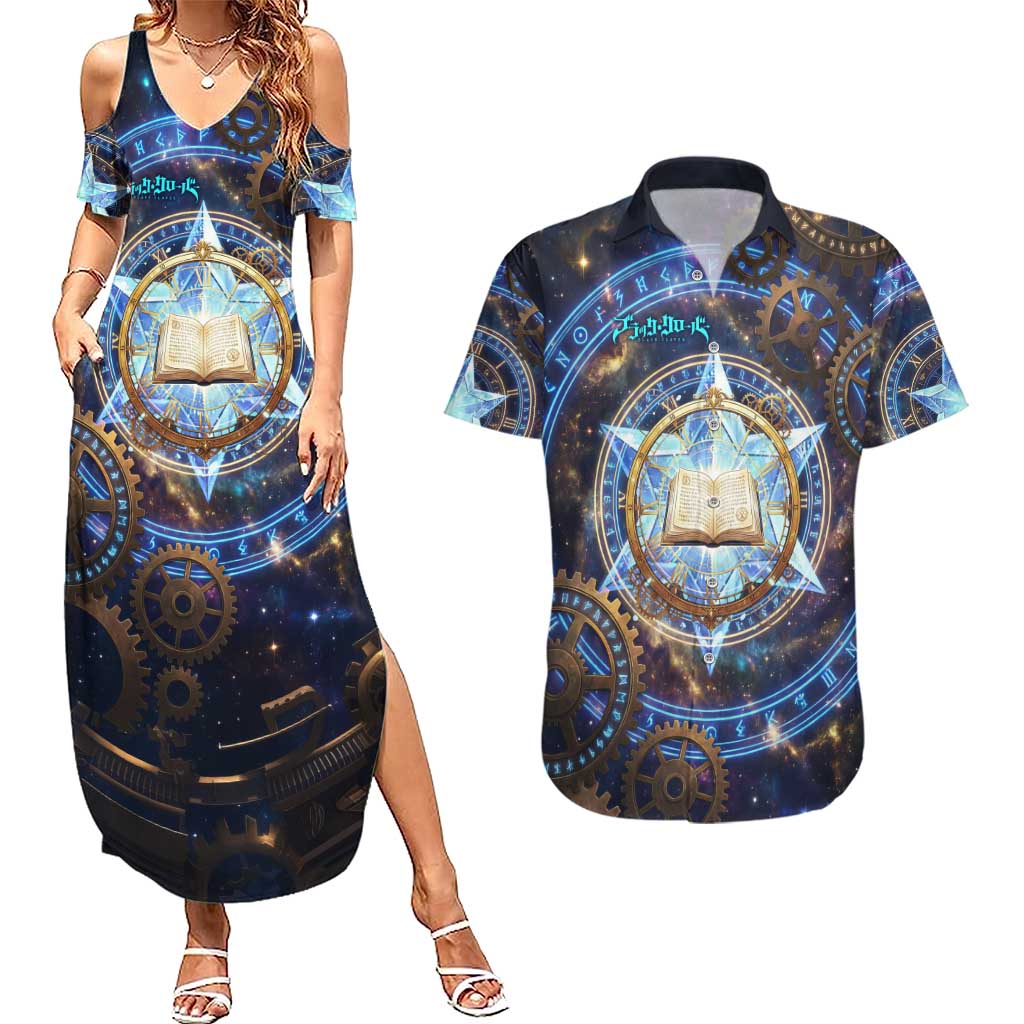 Julius Novachrono Black Clover Couples Matching Summer Maxi Dress and Hawaiian Shirt Cosmic Time Magic Style with Celestial Clockwork Motif