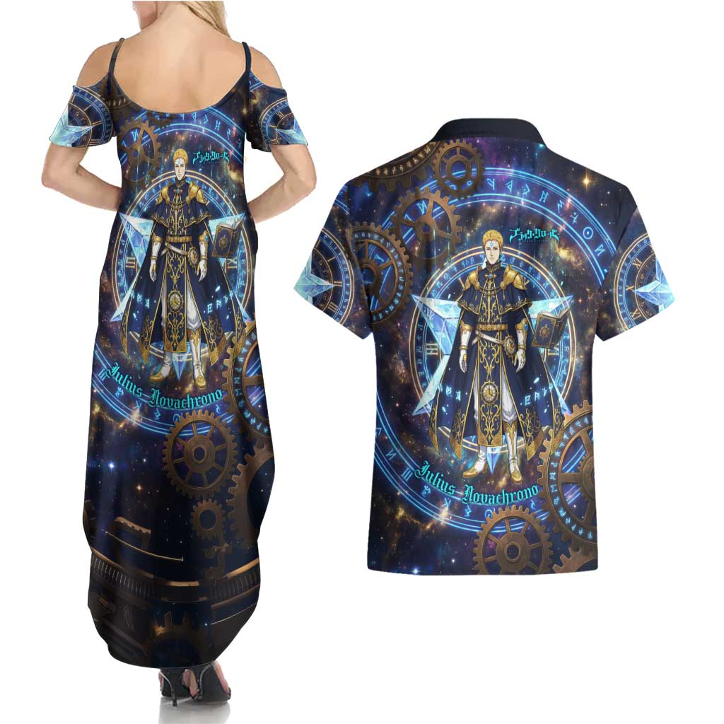 Julius Novachrono Black Clover Couples Matching Summer Maxi Dress and Hawaiian Shirt Cosmic Time Magic Style with Celestial Clockwork Motif