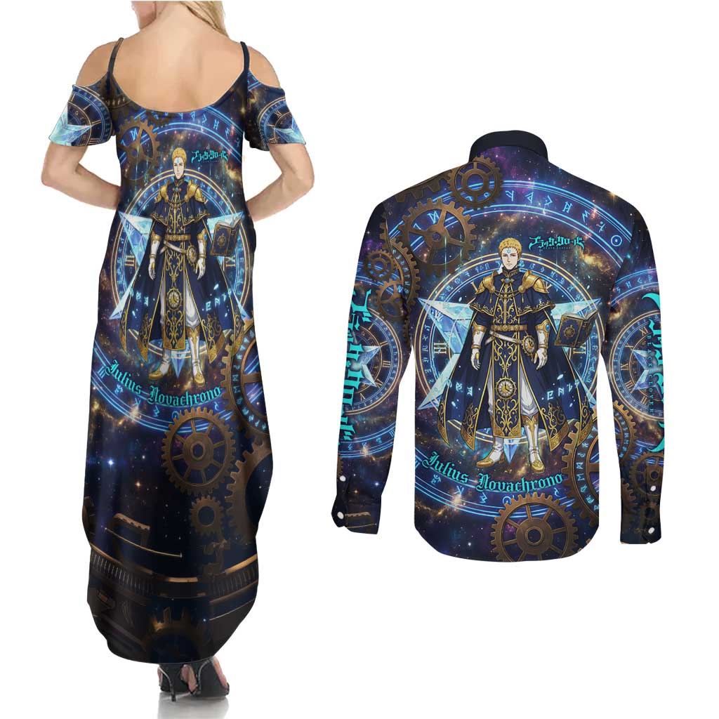 Julius Novachrono Black Clover Couples Matching Summer Maxi Dress and Long Sleeve Button Shirt Cosmic Time Magic Style with Celestial Clockwork Motif