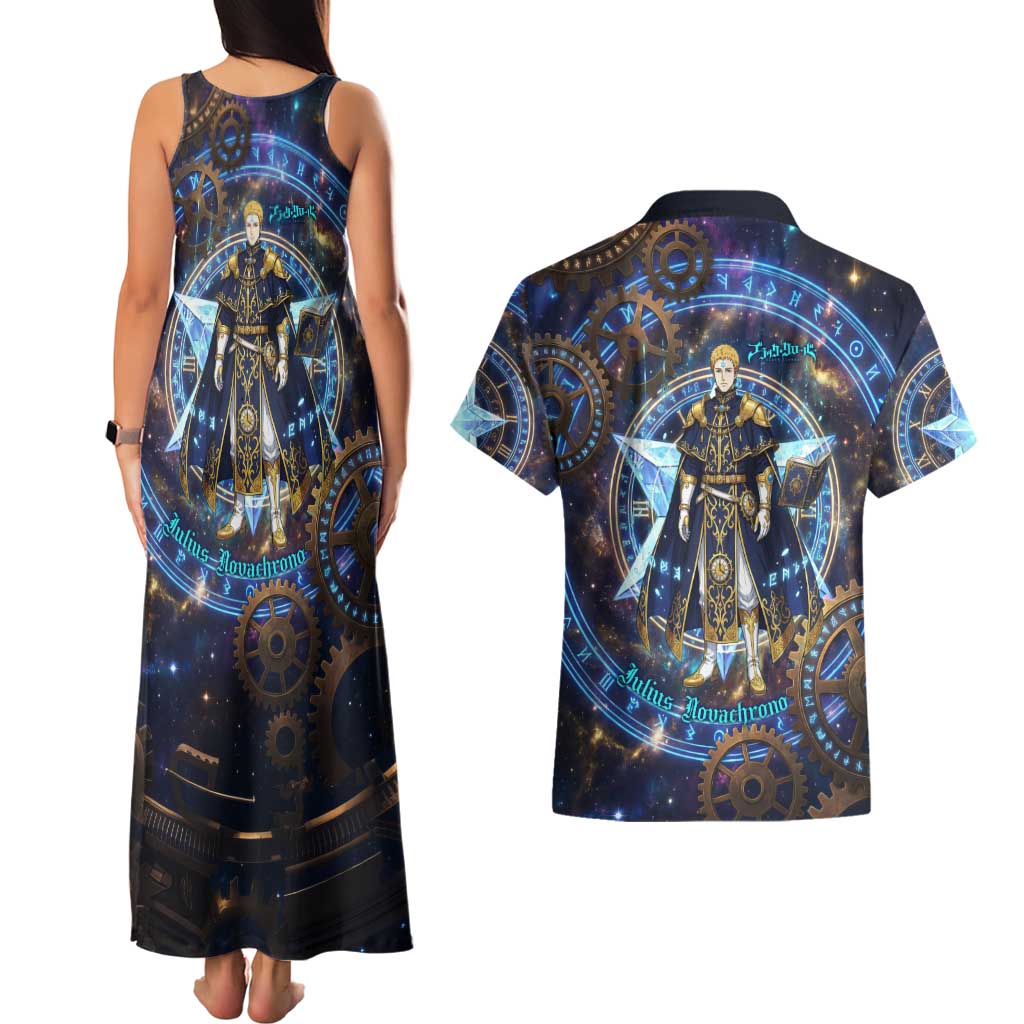 Julius Novachrono Black Clover Couples Matching Tank Maxi Dress and Hawaiian Shirt Cosmic Time Magic Style with Celestial Clockwork Motif