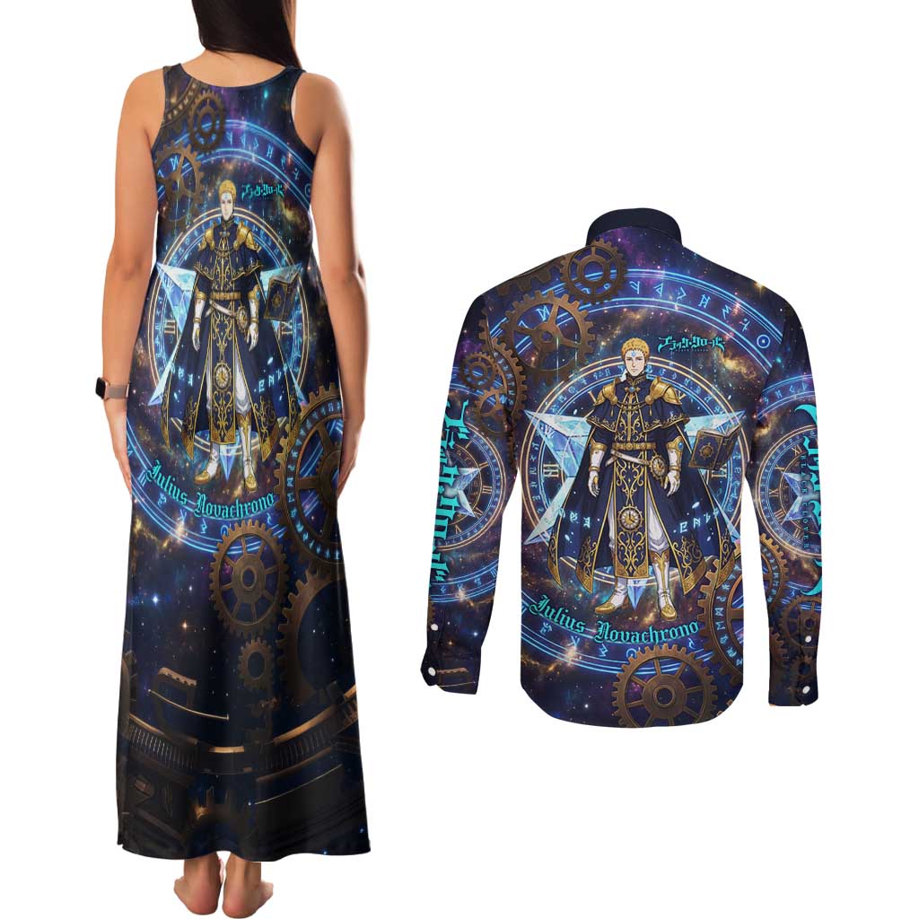 Julius Novachrono Black Clover Couples Matching Tank Maxi Dress and Long Sleeve Button Shirt Cosmic Time Magic Style with Celestial Clockwork Motif