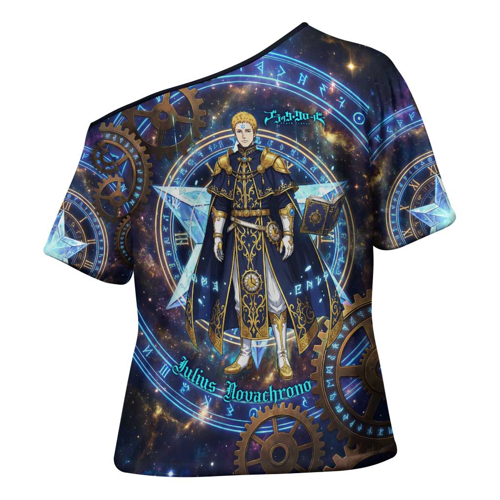 Julius Novachrono Black Clover Cross Shoulder Shirt Cosmic Time Magic Style with Celestial Clockwork Motif