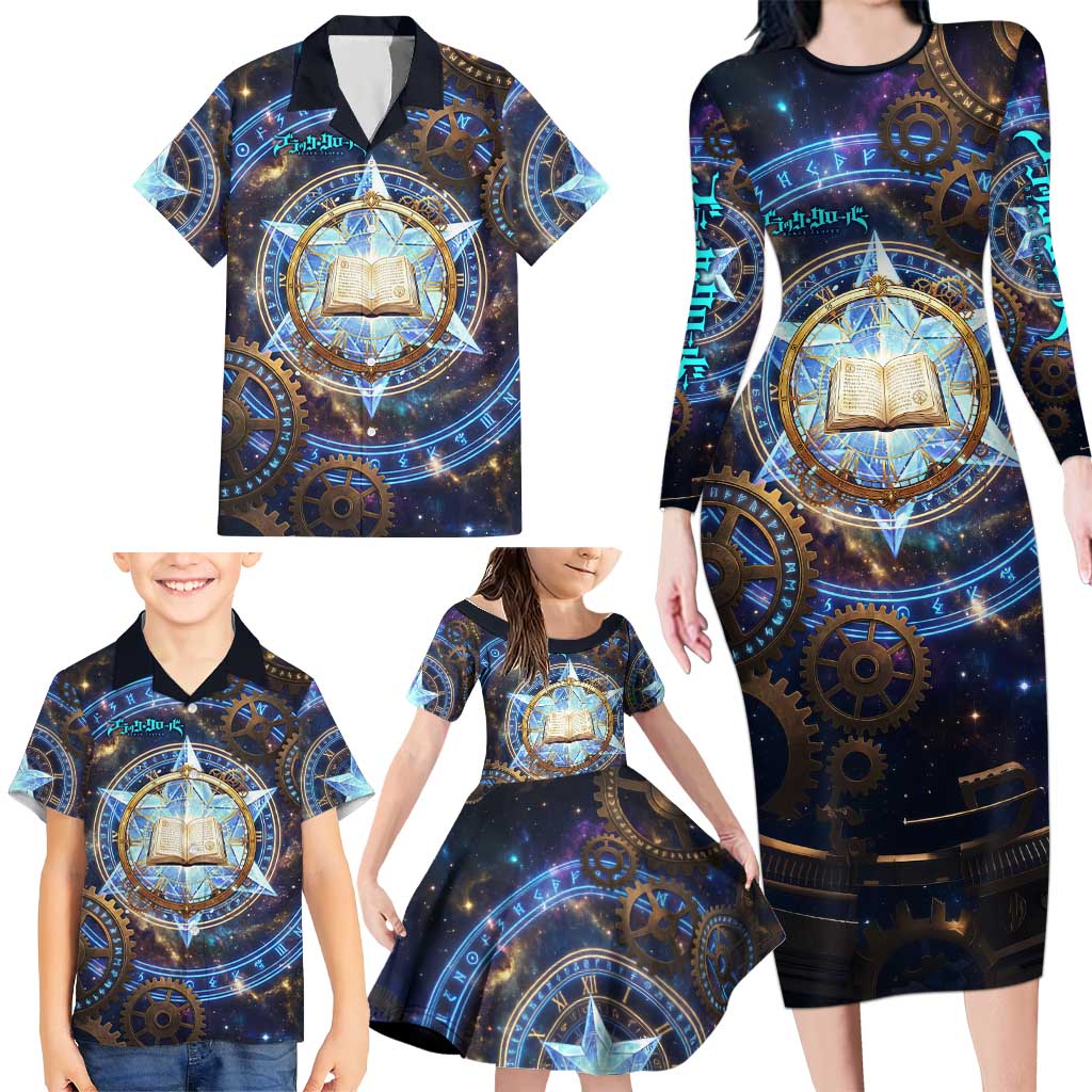 Julius Novachrono Black Clover Family Matching Long Sleeve Bodycon Dress and Hawaiian Shirt Cosmic Time Magic Style with Celestial Clockwork Motif