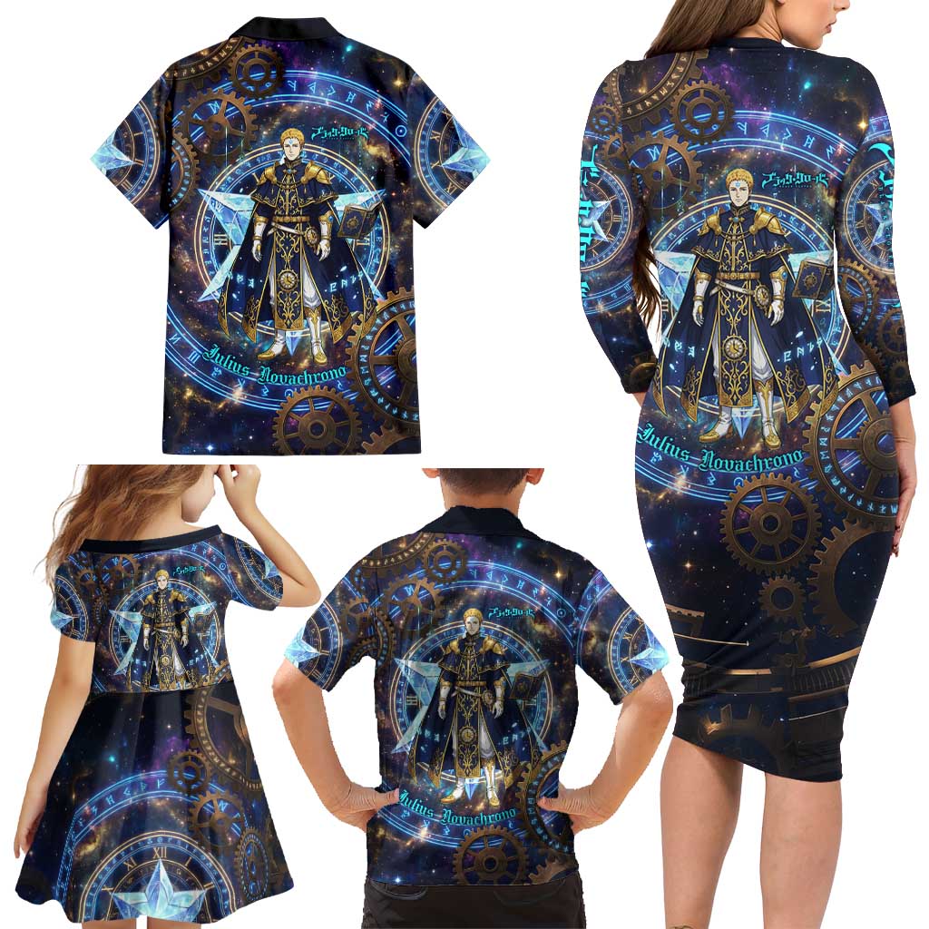 Julius Novachrono Black Clover Family Matching Long Sleeve Bodycon Dress and Hawaiian Shirt Cosmic Time Magic Style with Celestial Clockwork Motif