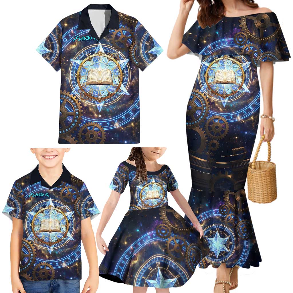 Julius Novachrono Black Clover Family Matching Mermaid Dress and Hawaiian Shirt Cosmic Time Magic Style with Celestial Clockwork Motif