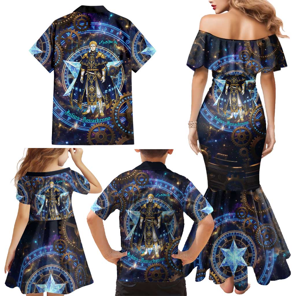 Julius Novachrono Black Clover Family Matching Mermaid Dress and Hawaiian Shirt Cosmic Time Magic Style with Celestial Clockwork Motif