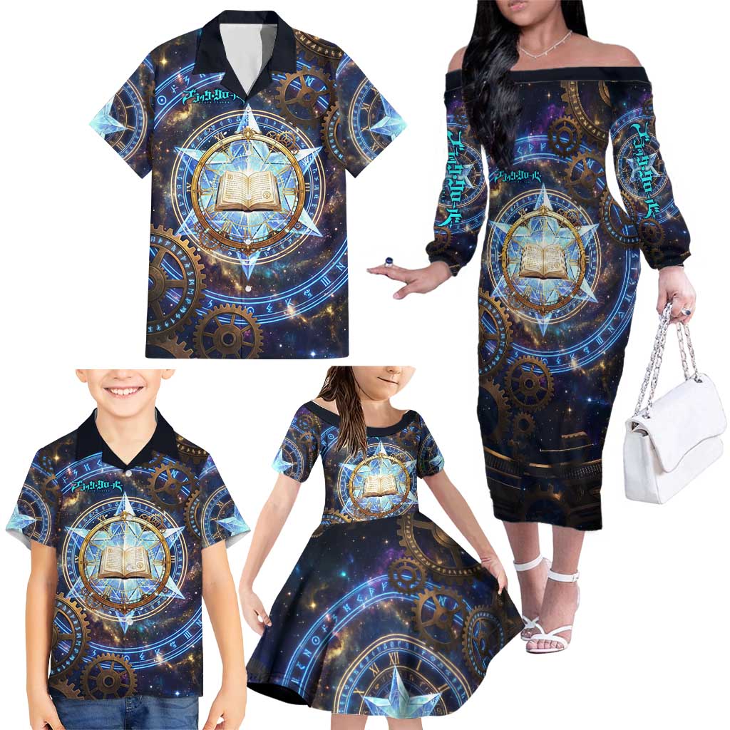Julius Novachrono Black Clover Family Matching Off The Shoulder Long Sleeve Dress and Hawaiian Shirt Cosmic Time Magic Style with Celestial Clockwork Motif