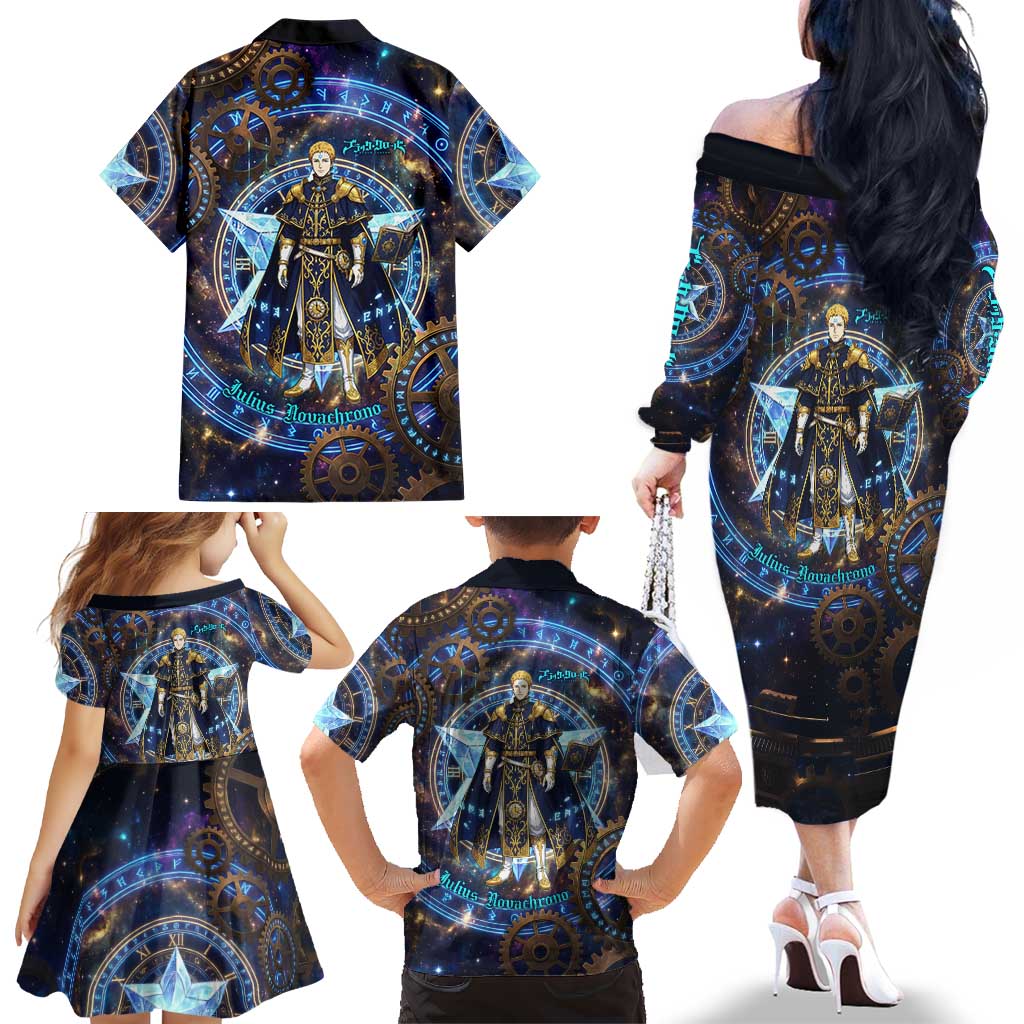 Julius Novachrono Black Clover Family Matching Off The Shoulder Long Sleeve Dress and Hawaiian Shirt Cosmic Time Magic Style with Celestial Clockwork Motif