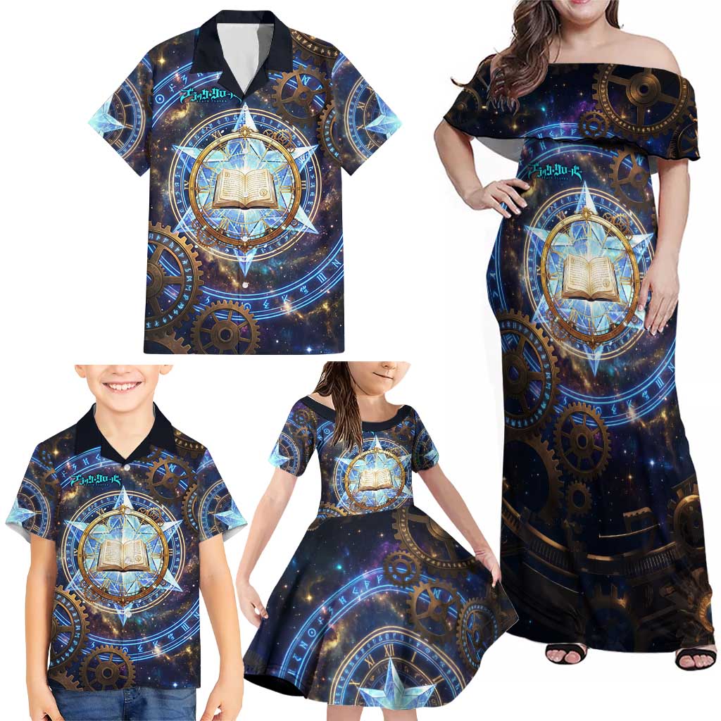 Julius Novachrono Black Clover Family Matching Off Shoulder Maxi Dress and Hawaiian Shirt Cosmic Time Magic Style with Celestial Clockwork Motif
