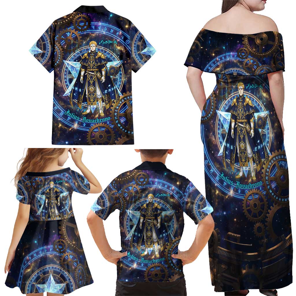 Julius Novachrono Black Clover Family Matching Off Shoulder Maxi Dress and Hawaiian Shirt Cosmic Time Magic Style with Celestial Clockwork Motif