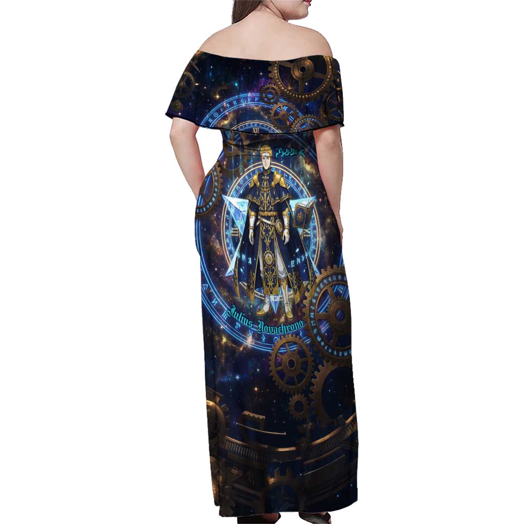 Julius Novachrono Black Clover Family Matching Off Shoulder Maxi Dress and Hawaiian Shirt Cosmic Time Magic Style with Celestial Clockwork Motif