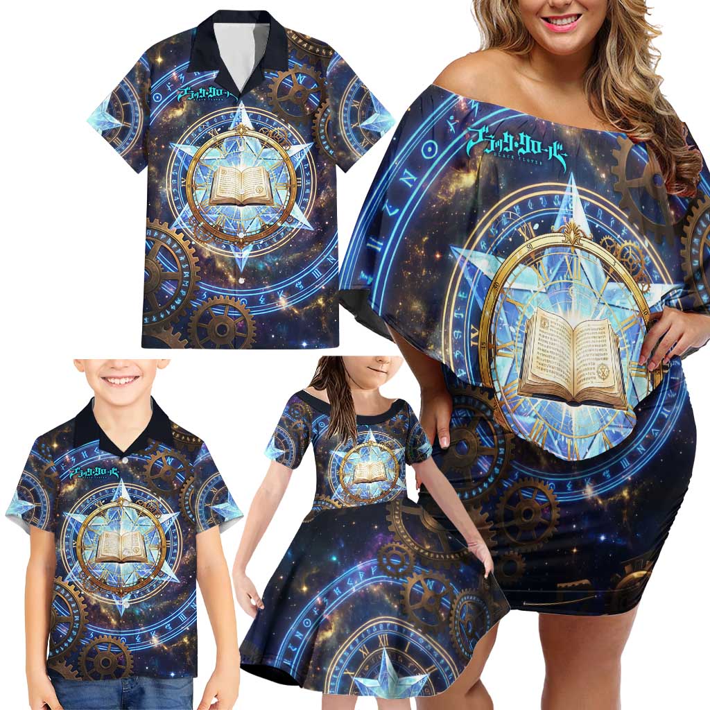 Julius Novachrono Black Clover Family Matching Off Shoulder Short Dress and Hawaiian Shirt Cosmic Time Magic Style with Celestial Clockwork Motif