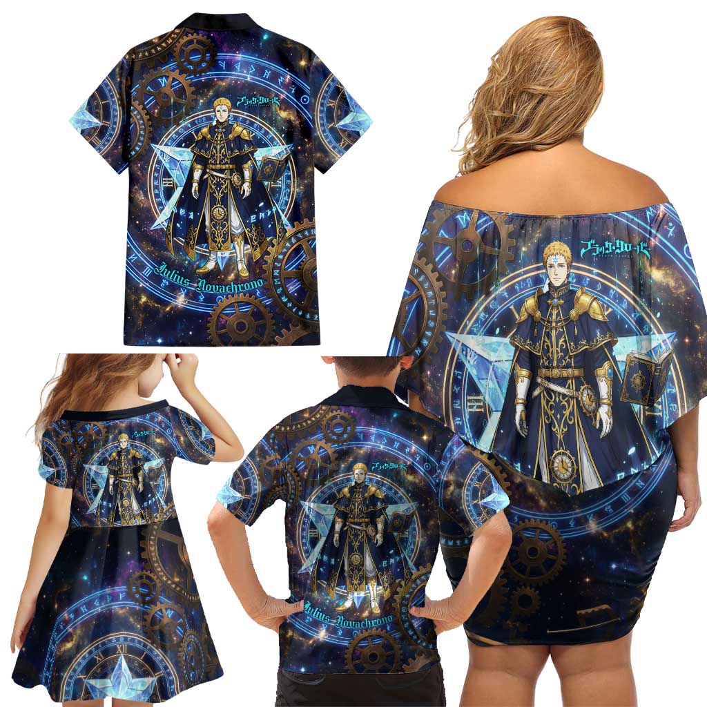 Julius Novachrono Black Clover Family Matching Off Shoulder Short Dress and Hawaiian Shirt Cosmic Time Magic Style with Celestial Clockwork Motif