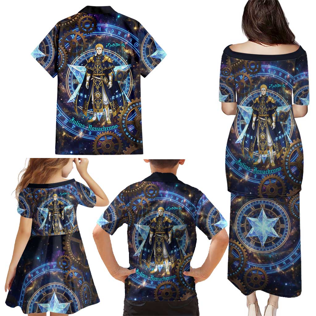 Julius Novachrono Black Clover Family Matching Puletasi and Hawaiian Shirt Cosmic Time Magic Style with Celestial Clockwork Motif