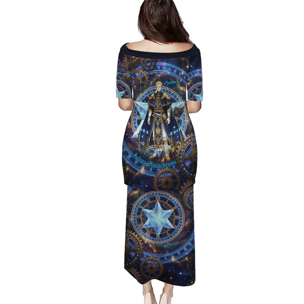 Julius Novachrono Black Clover Family Matching Puletasi and Hawaiian Shirt Cosmic Time Magic Style with Celestial Clockwork Motif