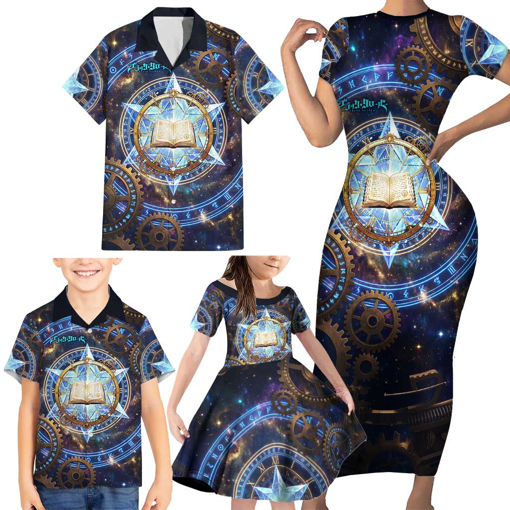 Julius Novachrono Black Clover Family Matching Short Sleeve Bodycon Dress and Hawaiian Shirt Cosmic Time Magic Style with Celestial Clockwork Motif