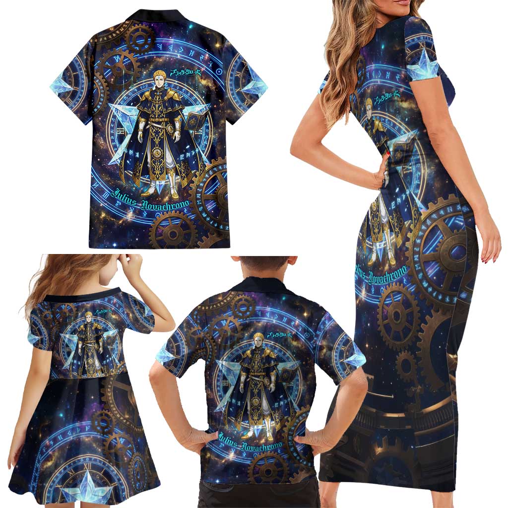 Julius Novachrono Black Clover Family Matching Short Sleeve Bodycon Dress and Hawaiian Shirt Cosmic Time Magic Style with Celestial Clockwork Motif
